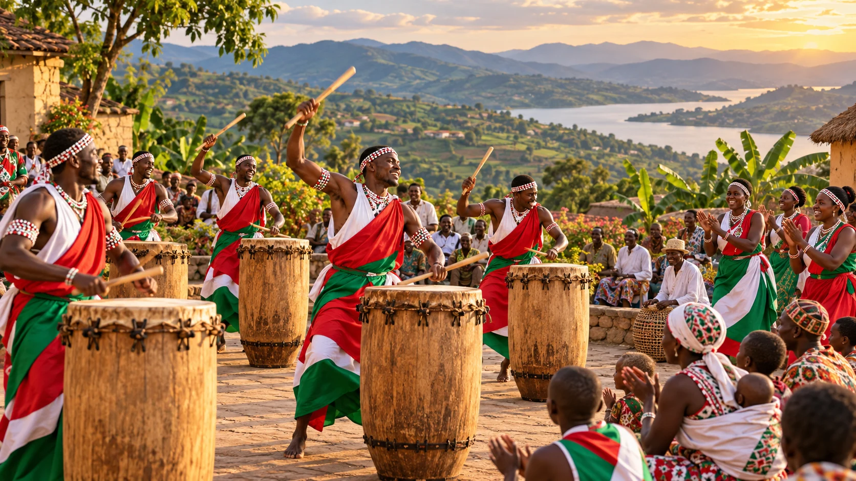 People gathering in a landscape of Burundian hills